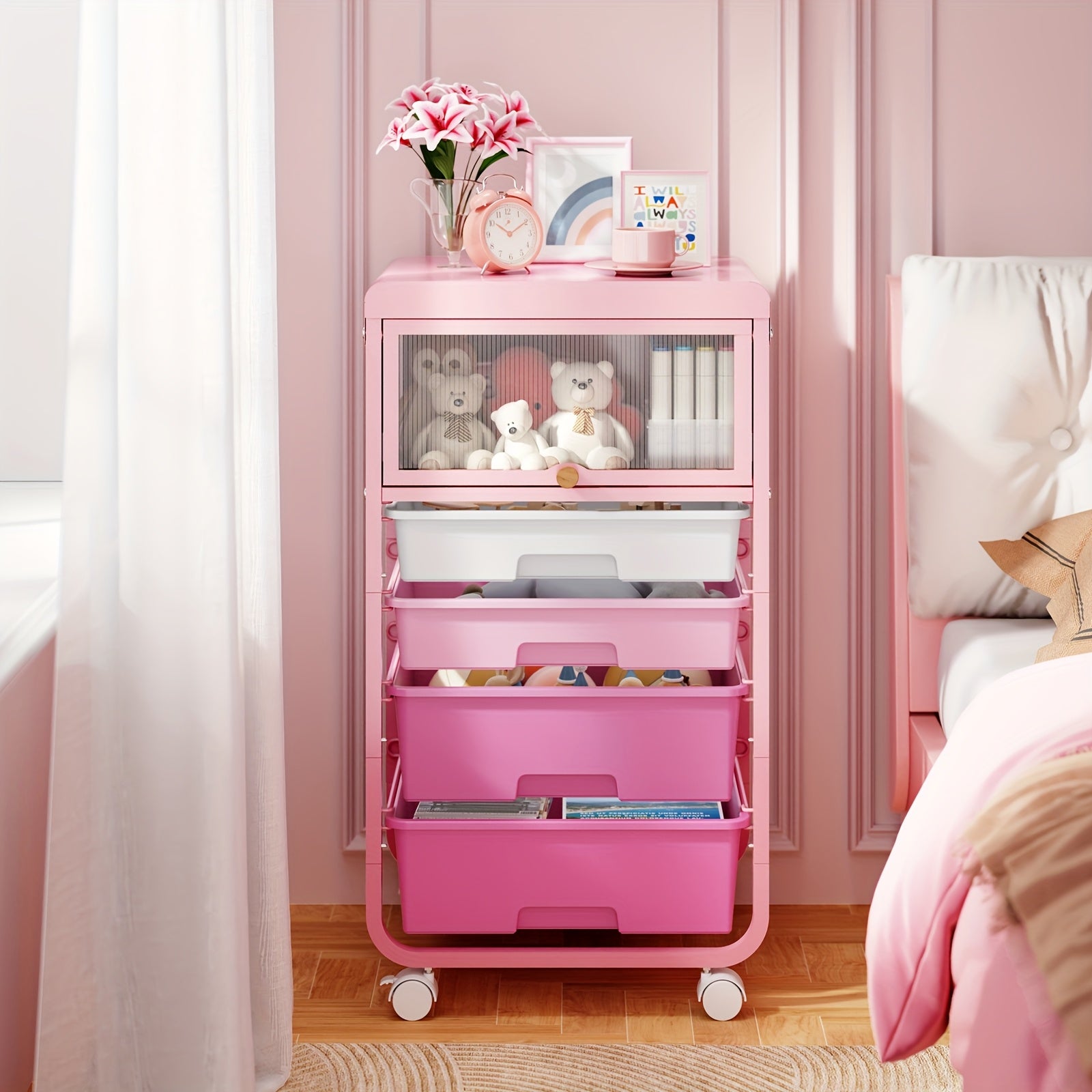 Rolling Storage Trolley Featuring 4 Drawers, Utility Cart with Pink Compartments