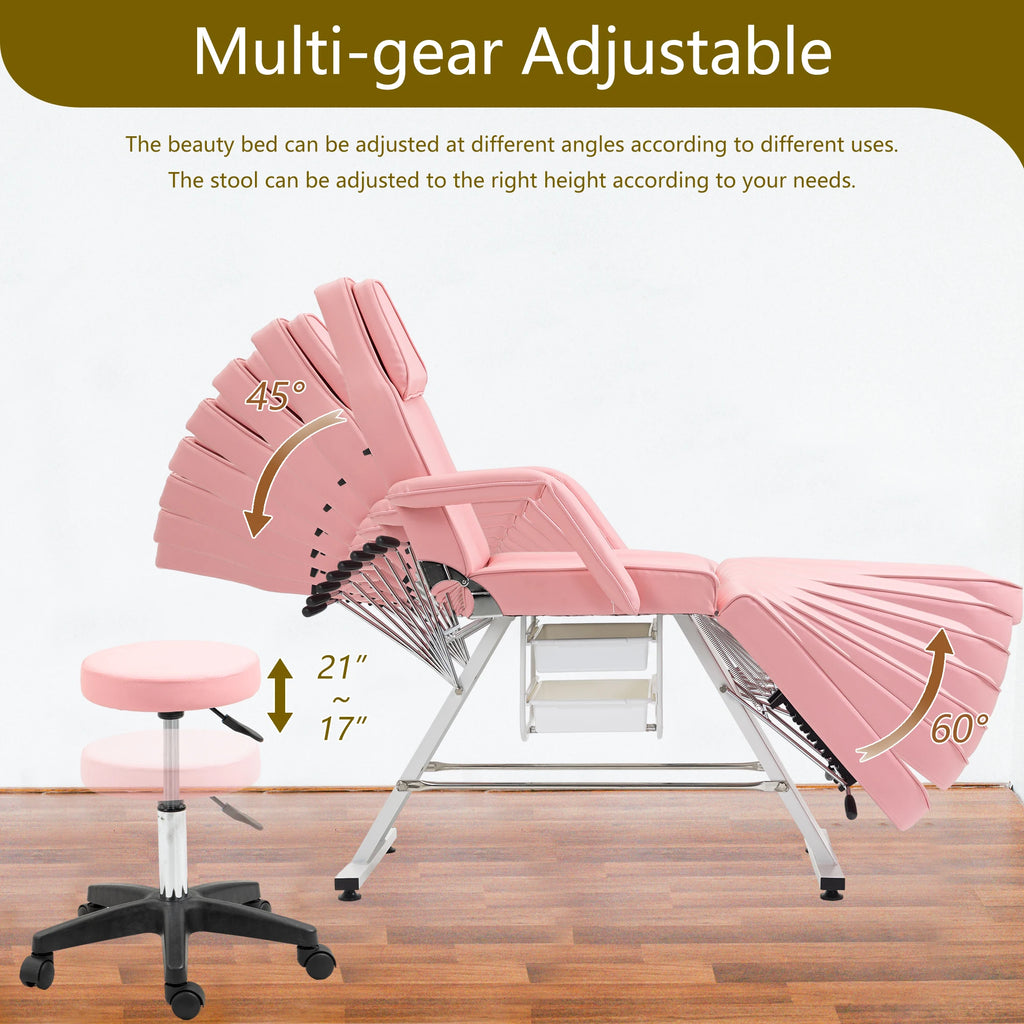 Multi-Purpose Chair, 3-Section Adjustable Facial Bed with Trays, Pink + Metal