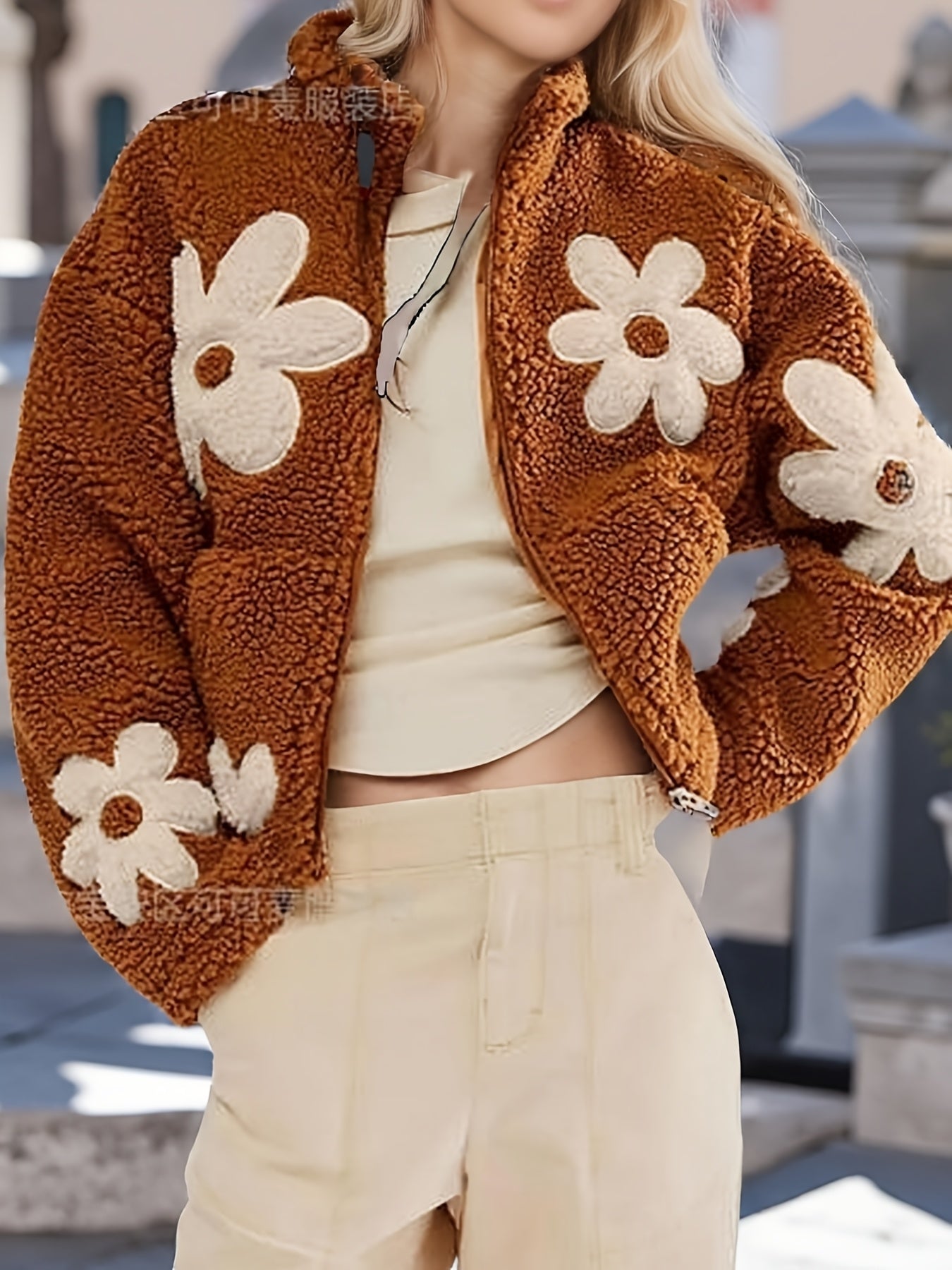 Flower Child Jacket - Loose-Fit Collar Cardigan with Door Zipper, Machine-Washable Non-Stretch Jacket for - Casual Outerwear