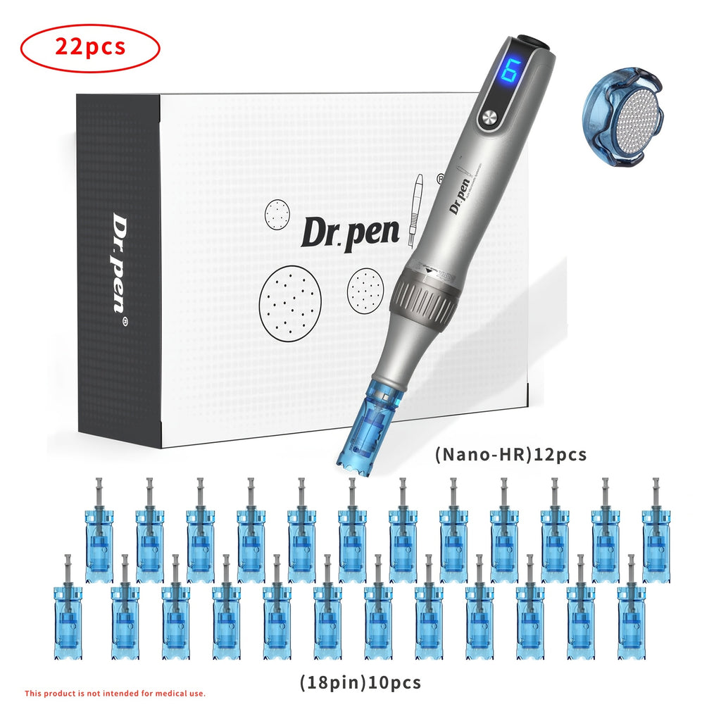 22pcs High-end Wireless Electric Pen by DR. PEN | Care Tool with 22 Replacement Heads (R-Nano-12pcs, 18 Needles-10pcs), Stainless Steel, USB Charging,