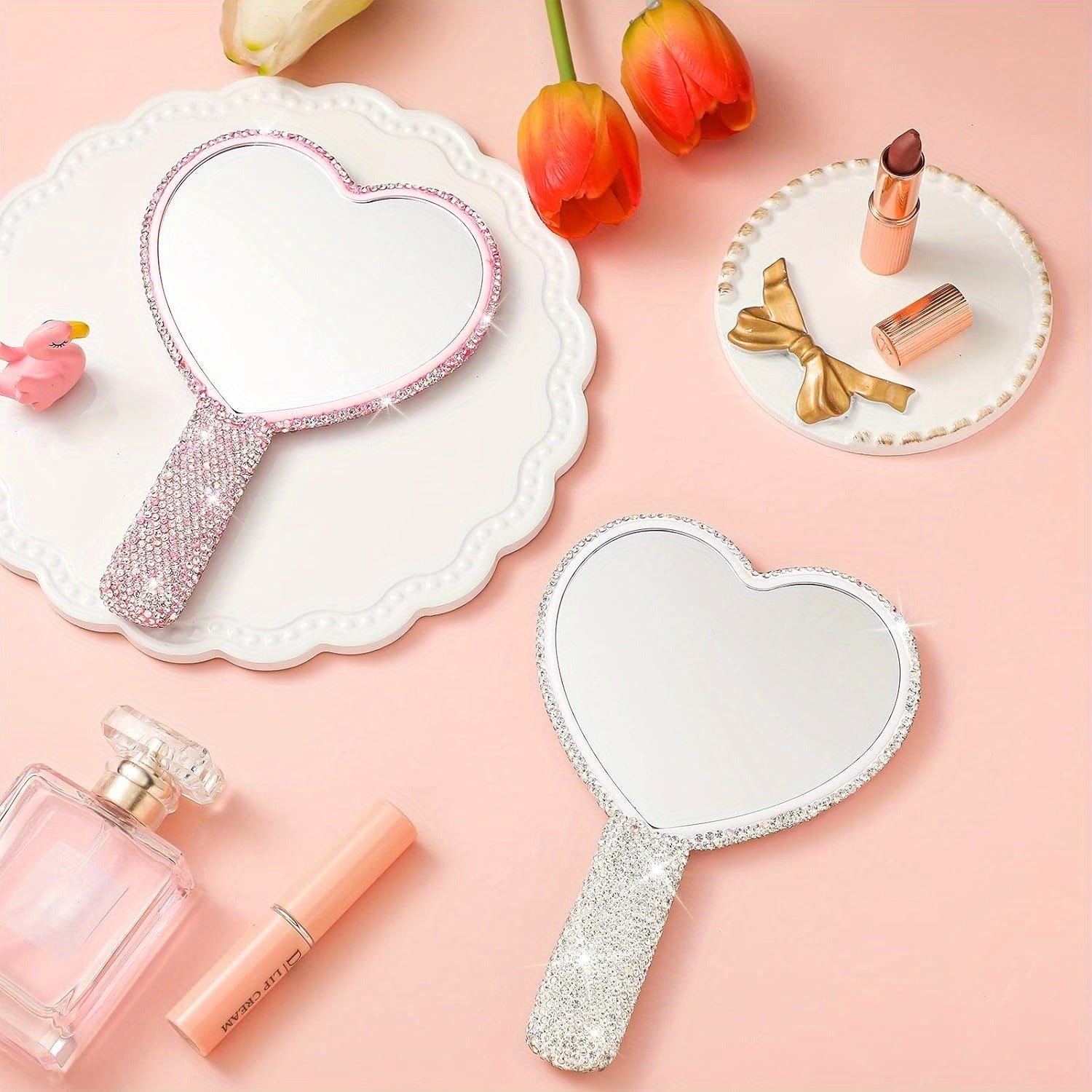 2pcs Heart-Shaped Rhinestone Bling Mirror - Sparkling Handle Portable Travel Mirror with Pink & White Rhinestone-Adorned Surface, No Battery-Free Compact Makeup Mirror for Women Girls, Cute Cosmetic Accessory (Pink & White) - Gift