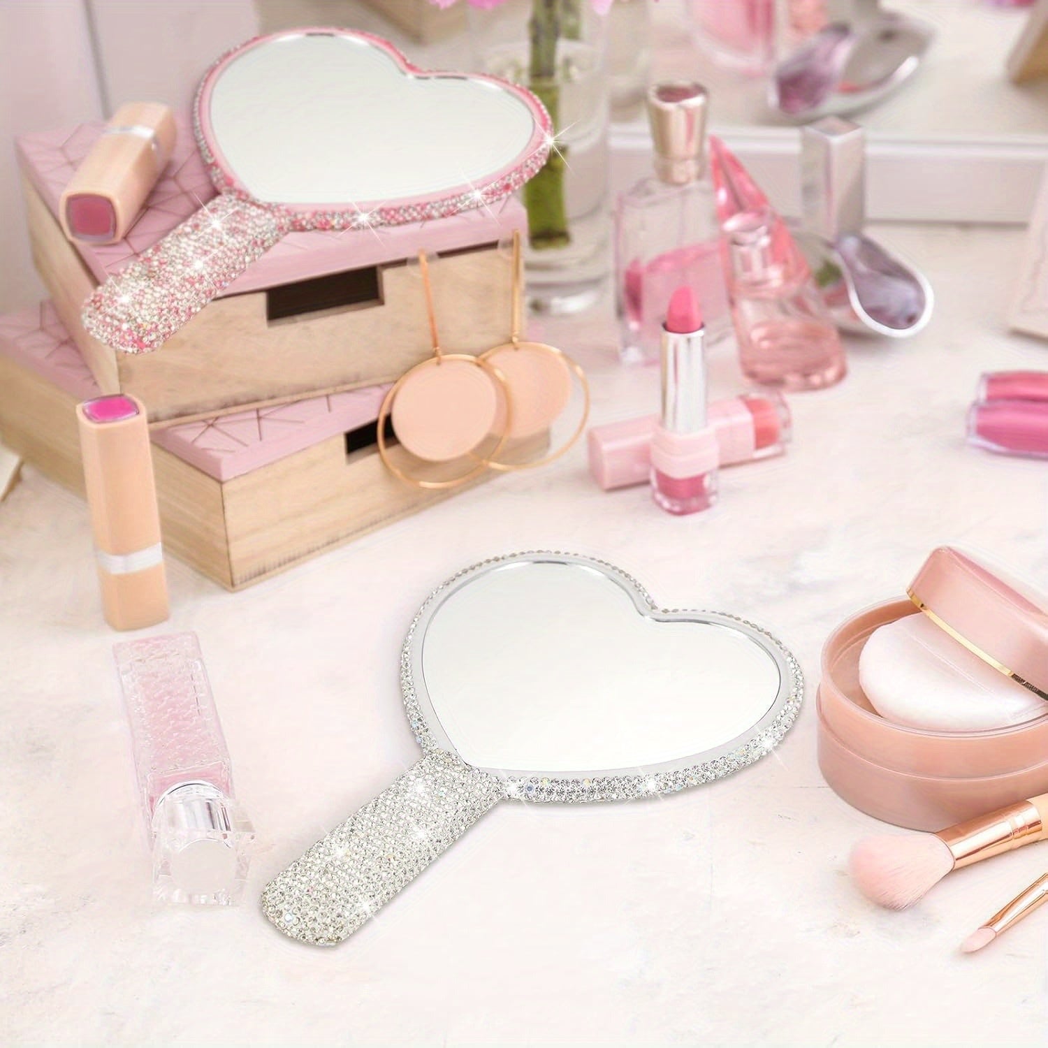 2pcs Heart-Shaped Rhinestone Bling Mirror - Sparkling Handle Portable Travel Mirror with Pink & White Rhinestone-Adorned Surface, No Battery-Free Compact Makeup Mirror for Women Girls, Cute Cosmetic Accessory (Pink & White) - Gift