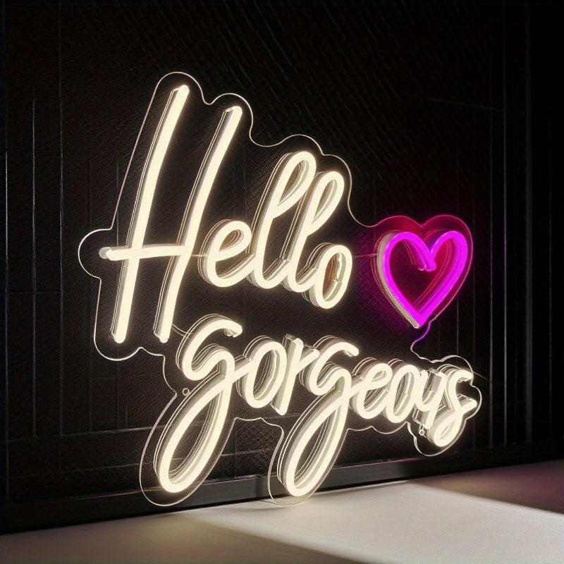 Hello Gorgeous Neon Sign with Pink Heart - USB-Powered Wall-Mounted Romantic Bedroom Decor, Multi-Color LED Light for Selfie Studio & Wedding Backdrop, Durable Plastic Wall Art with Switch Control, No Batteries Needed, Neon Signs for Wall Decor, Selfie S