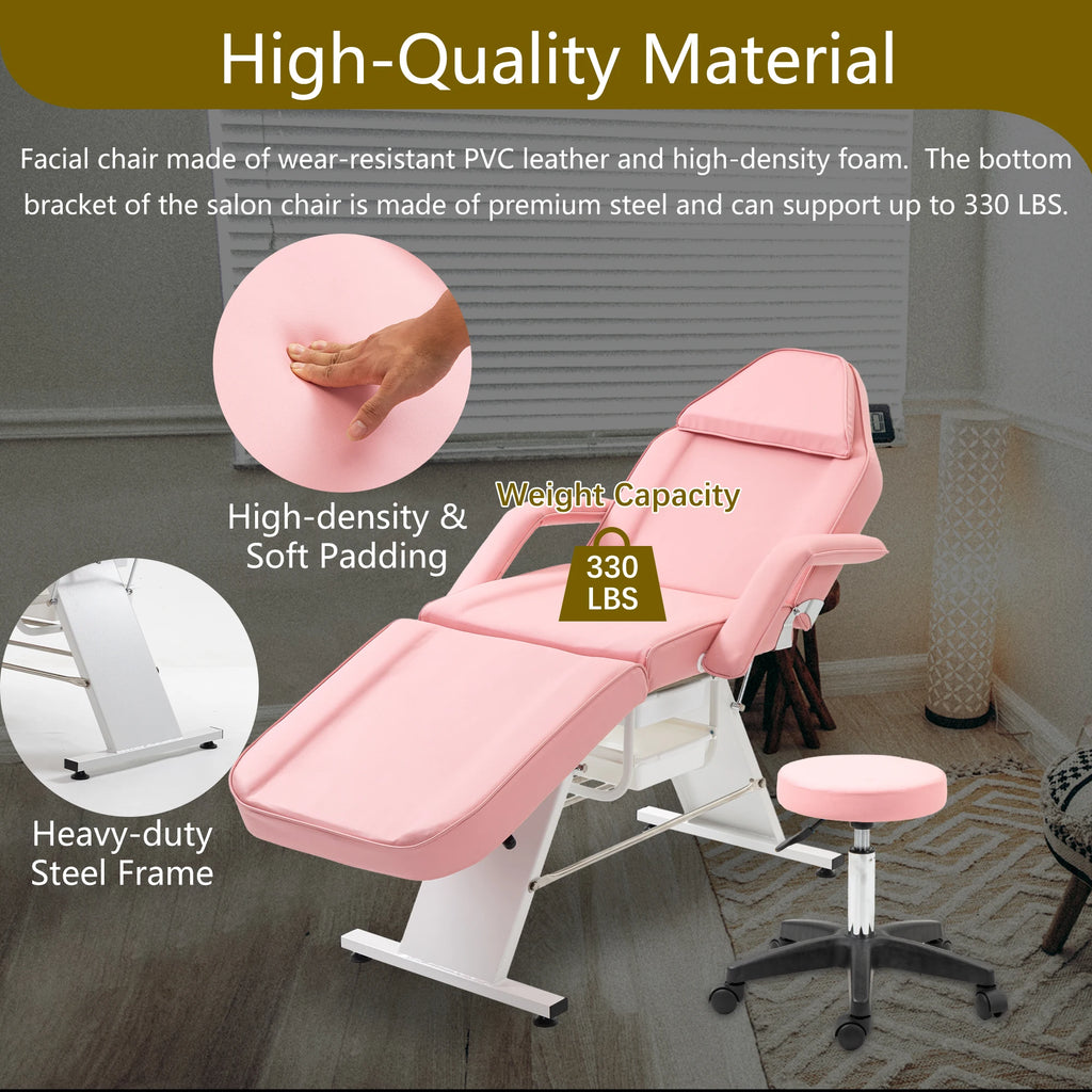 Multi-Purpose Chair, 3-Section Adjustable Facial Bed with Trays, Pink + Metal