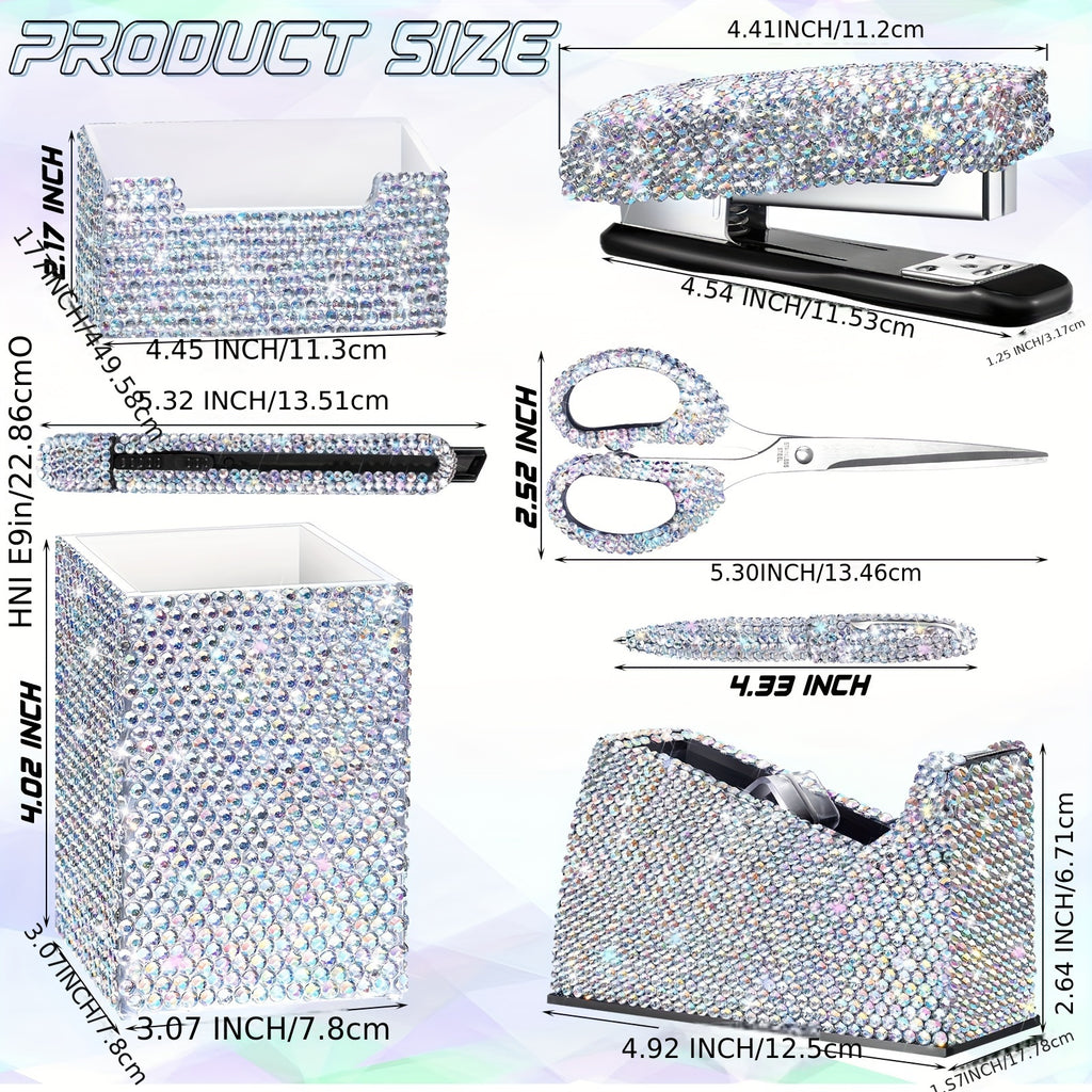Set of 7 Sparkling Desk Additions for Women And Girls, Including a Diamond Tape Dispenser, Stapler, Card Holder, Pencil Pot, Scissors, Ballpoint Pens, And a Knife, All in White