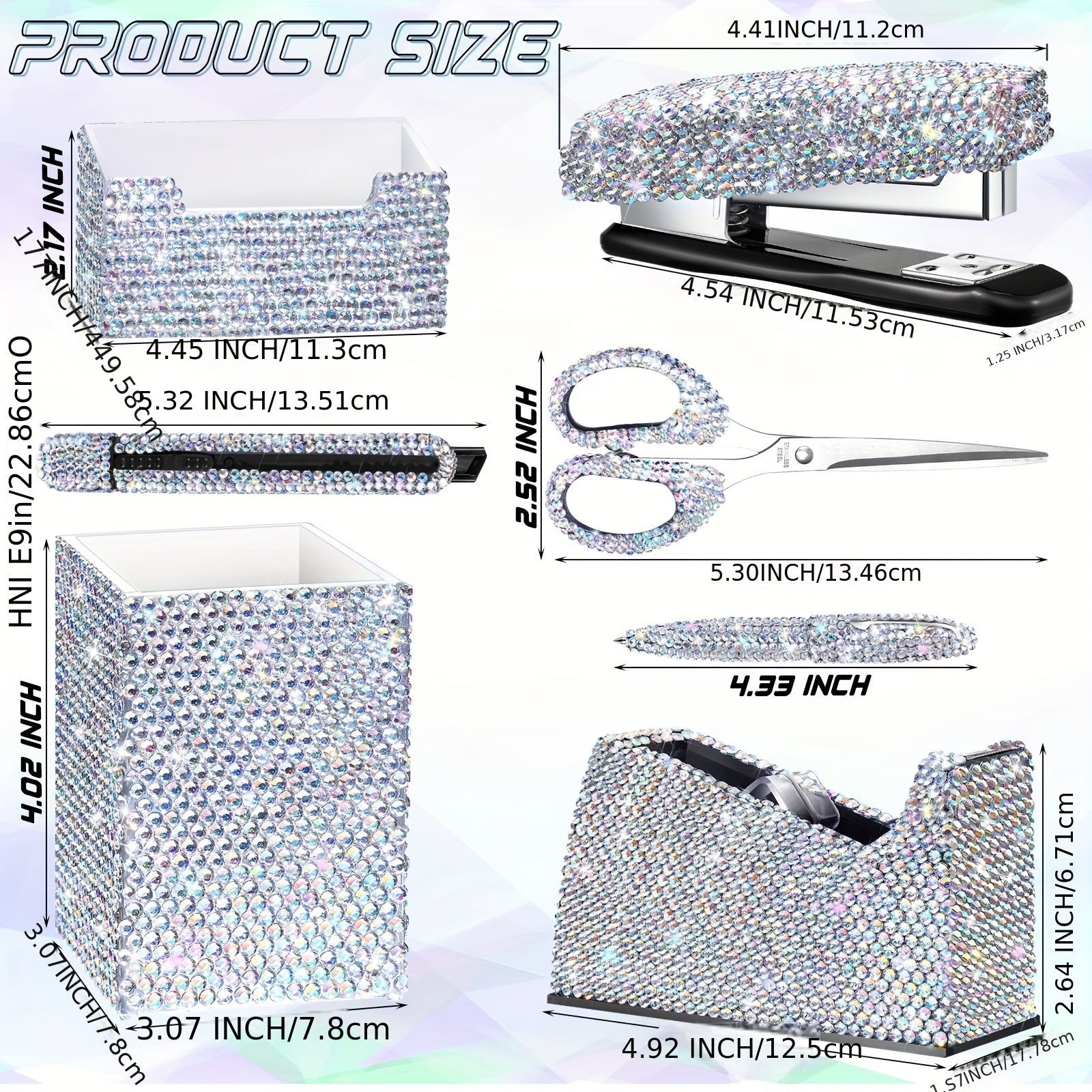 Set of 7 Sparkling Desk Additions for Women And Girls, Including a Diamond Tape Dispenser, Stapler, Card Holder, Pencil Pot, Scissors, Ballpoint Pens, And a Knife, All in White