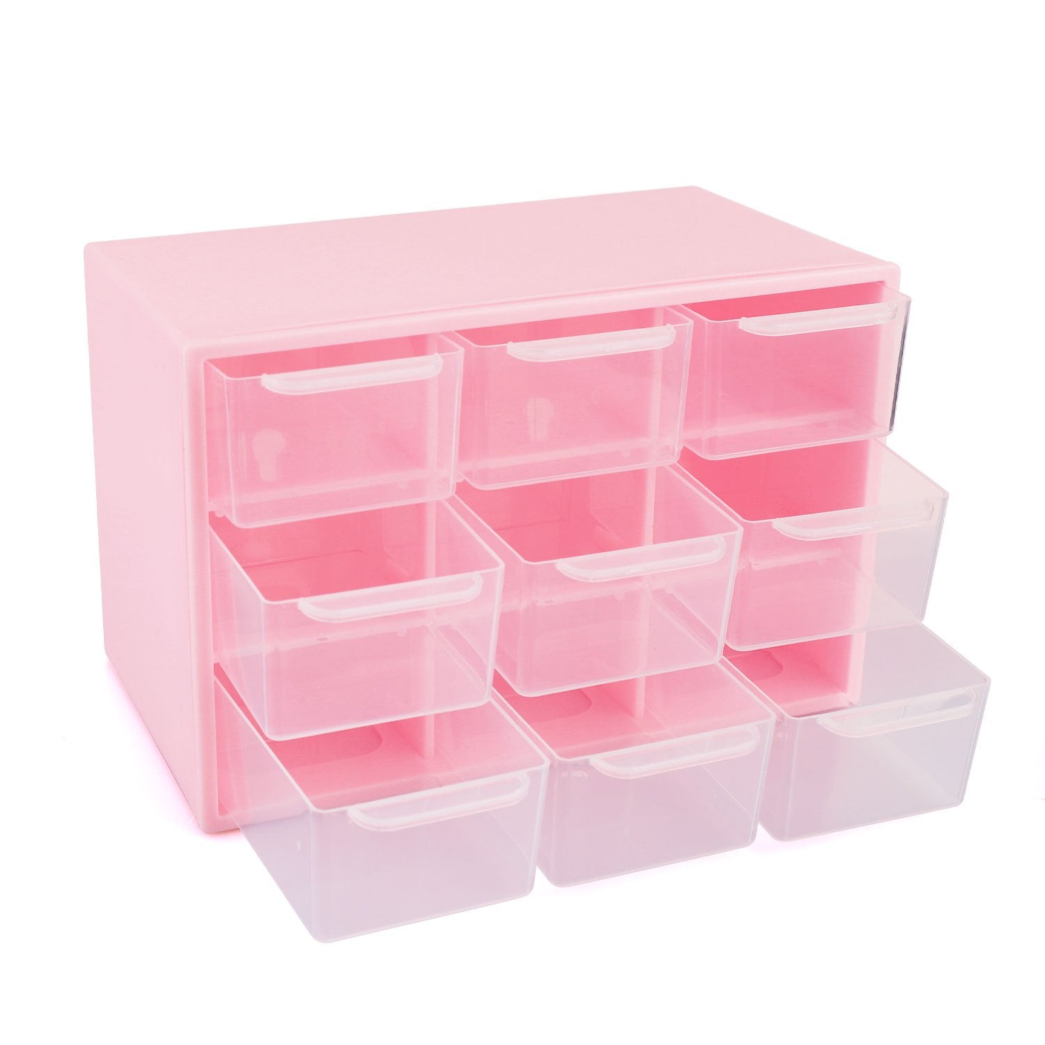 4pcs Desktop Organizer Boxes with 9 Mini Drawers - Pastel Pink Transparent Plastic Storage with Labeled Drawers, Compact Space-Saving Design for Office Supplies, Jewelry, Hair Accessories, Rings & Earrings - Ideal for Teachers, Home & Desk Organization (