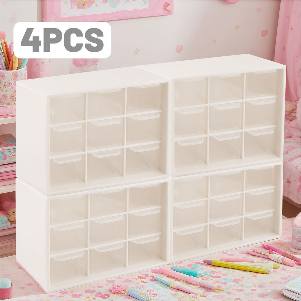 4pcs Desktop Organizer Boxes with 9 Mini Drawers - Pastel Pink Transparent Plastic Storage with Labeled Drawers, Compact Space-Saving Design for Office Supplies, Jewelry, Hair Accessories, Rings & Earrings - Ideal for Teachers, Home & Desk Organization (