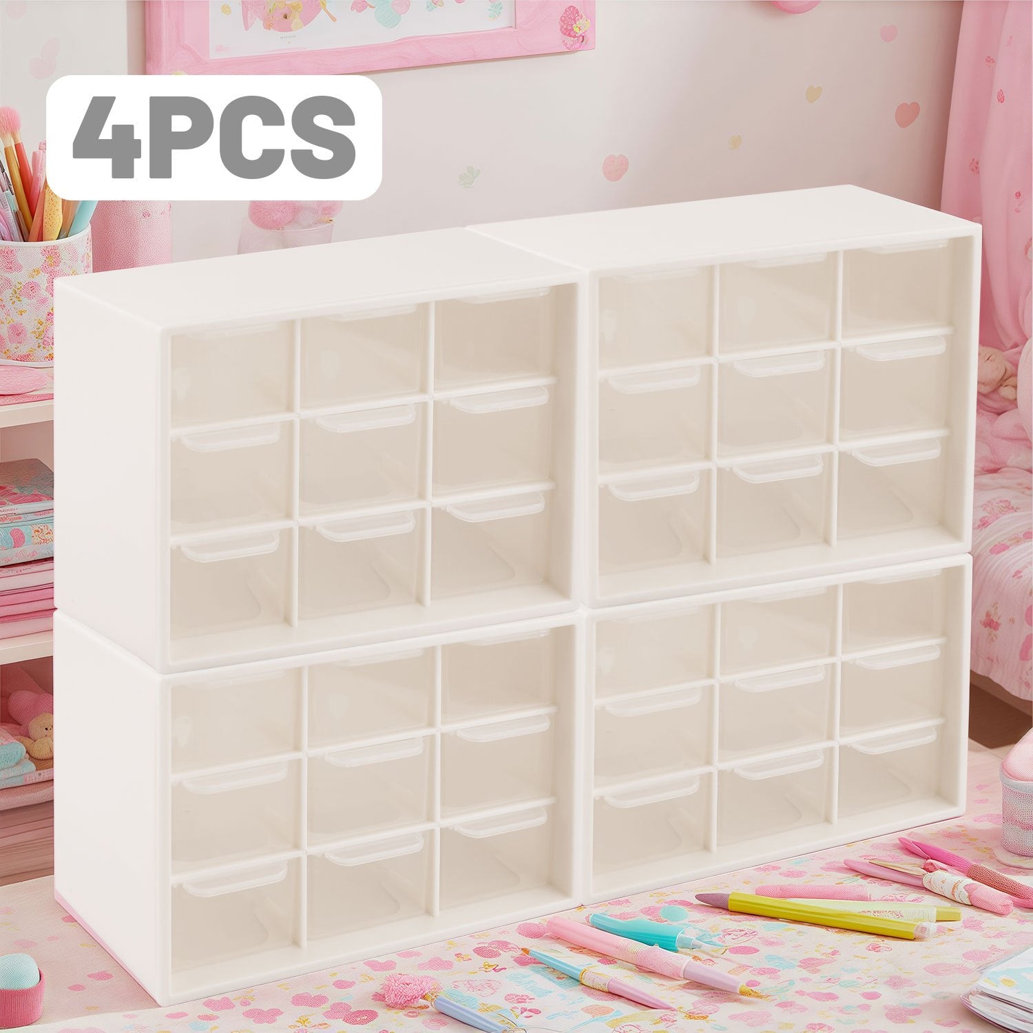 4pcs Desktop Organizer Boxes with 9 Mini Drawers - Pastel Pink Transparent Plastic Storage with Labeled Drawers, Compact Space-Saving Design for Office Supplies, Jewelry, Hair Accessories, Rings & Earrings - Ideal for Teachers, Home & Desk Organization (