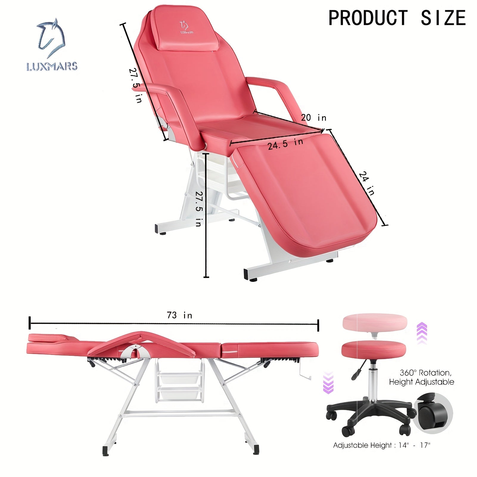 Adjustable Facial Chair Massage Bed Professional Tattoo Chair Facial Tabel Bed Chair with Removable Headrest, Professional Esthetician Bed for Salon Spa Beauty Treatmen Rose Red
