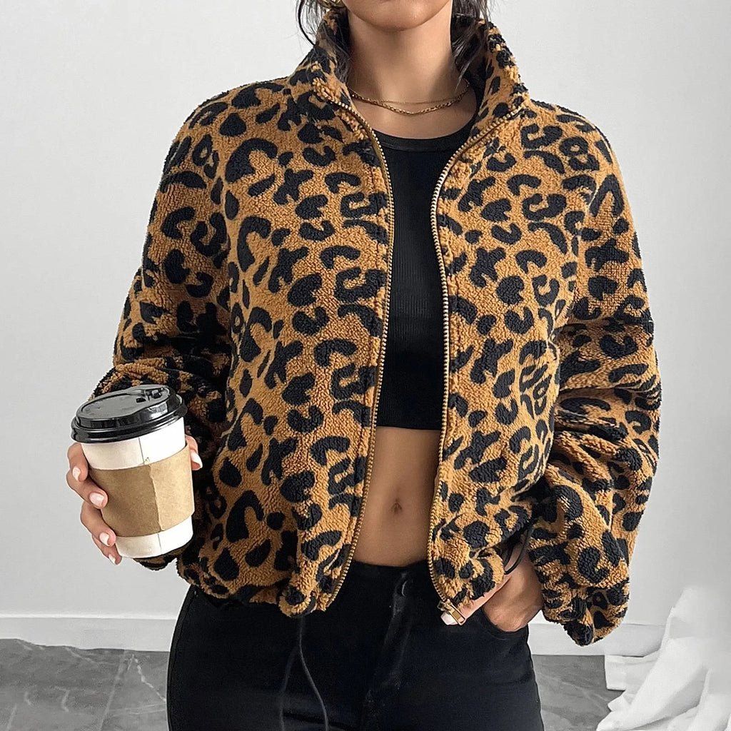Leopard Zip-Up Long Sleeve Jacket Fleece jacket