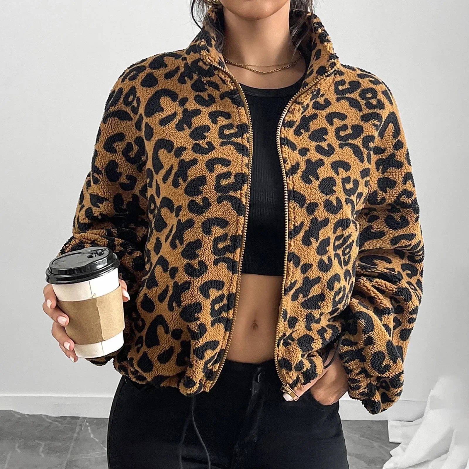 Leopard Zip-Up Long Sleeve Jacket Fleece jacket
