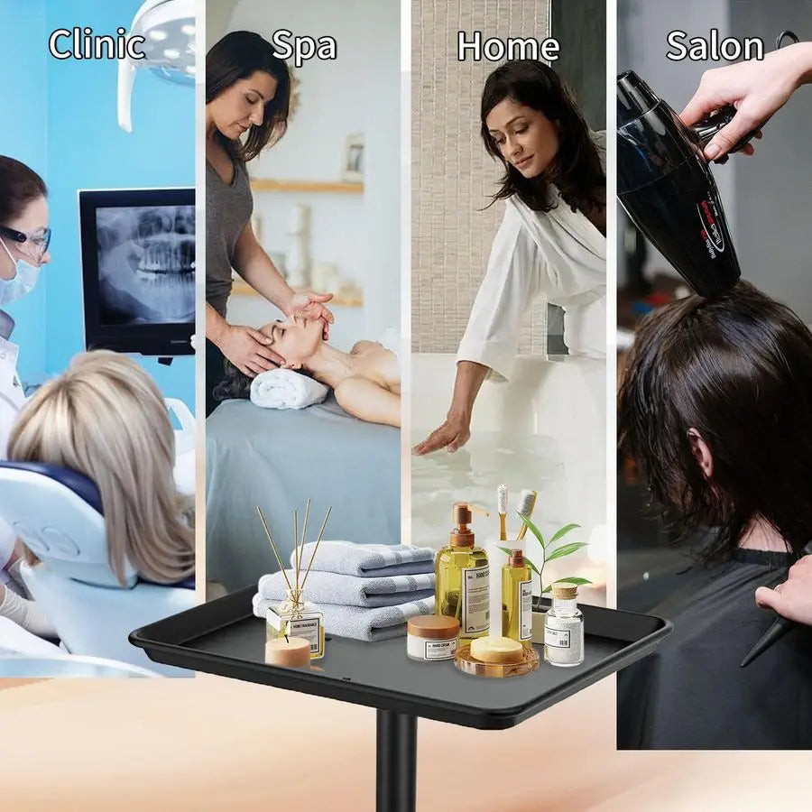 Salon Tray on Wheels, Black Salon Tray Cart with Adjustable Height, Tattoo Rolling Tray, Metal Service Instrument Storage Tray
