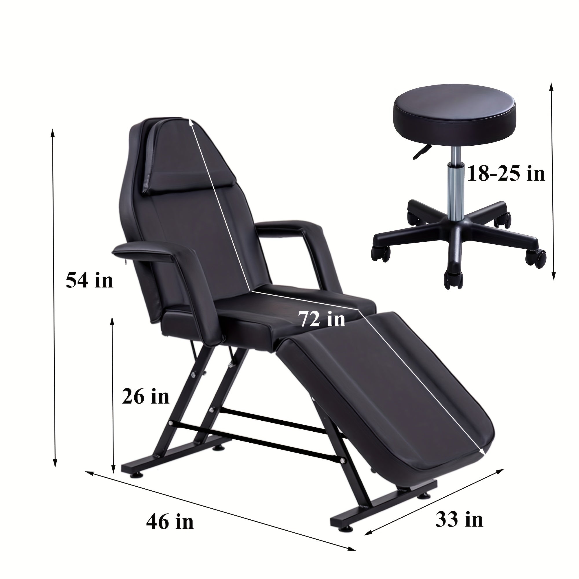 Beauty Bed With Stool Massage Table With Head Cushion 3 Section Adjustable Beauty Bed Professional Tattoo SPA Salon Chair (Black)