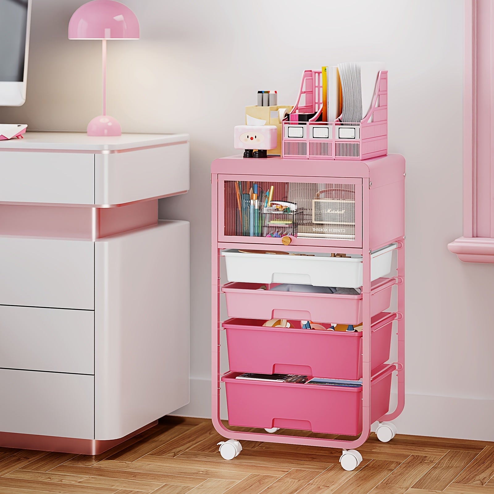 Rolling Storage Trolley Featuring 4 Drawers, Utility Cart with Pink Compartments