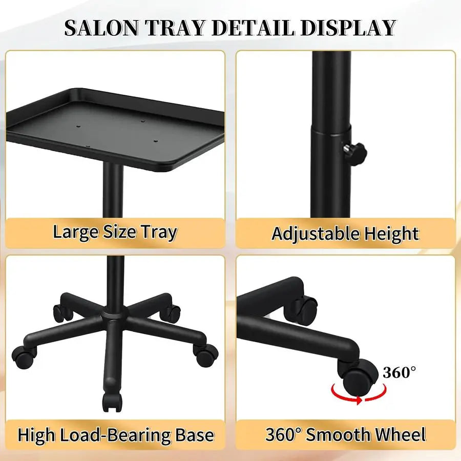 Salon Tray on Wheels, Black Salon Tray Cart with Adjustable Height, Tattoo Rolling Tray, Metal Service Instrument Storage Tray
