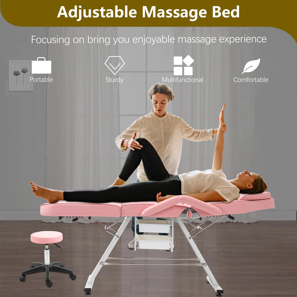 Multi-Purpose Chair, 3-Section Adjustable Facial Bed with Trays, Pink + Metal