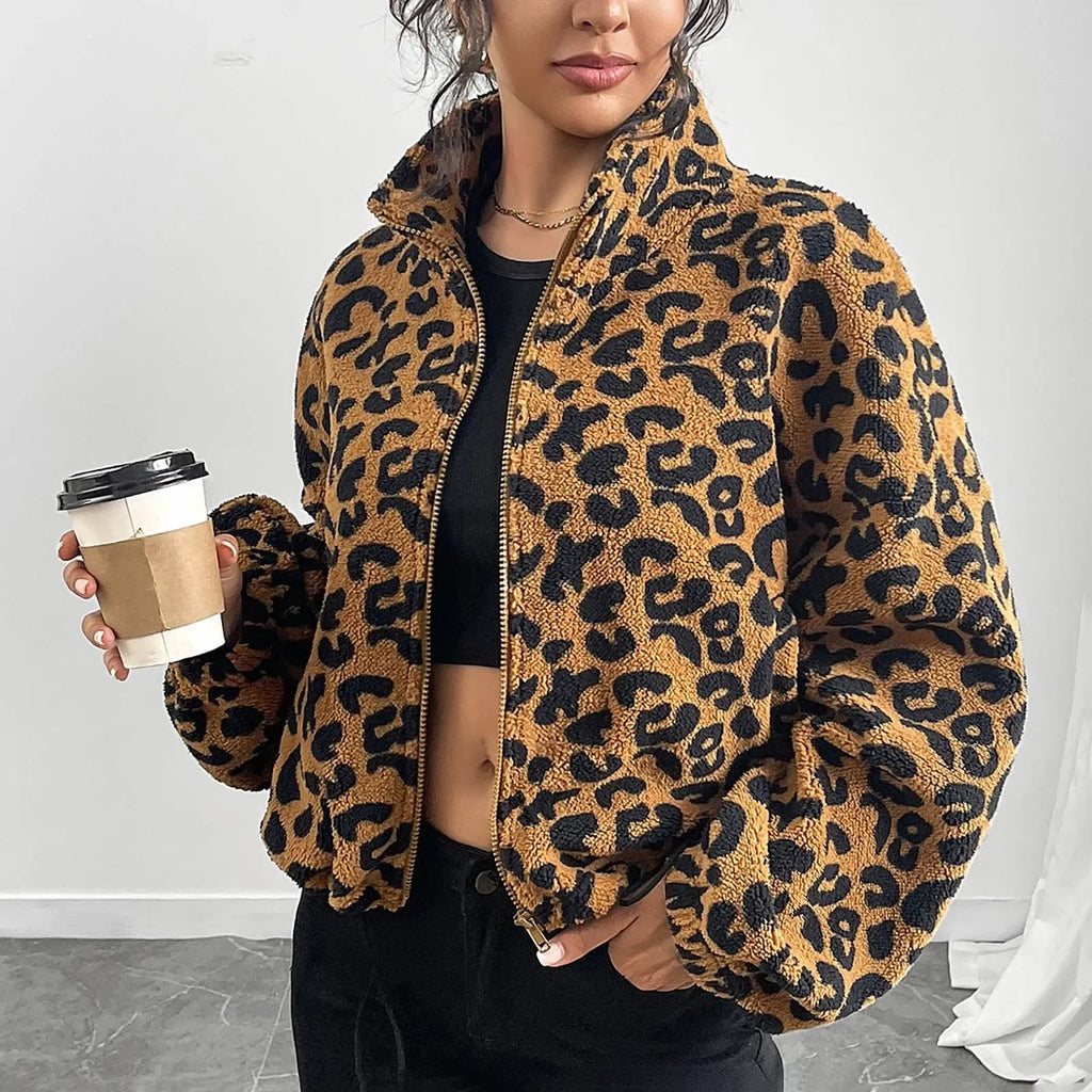 Leopard Zip-Up Long Sleeve Jacket Fleece jacket