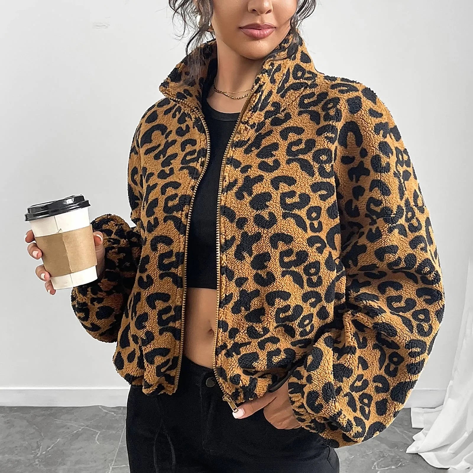 Leopard Zip-Up Long Sleeve Jacket Fleece jacket