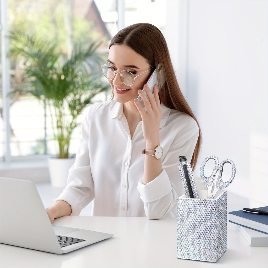 Set of 7 Sparkling Desk Additions for Women And Girls, Including a Diamond Tape Dispenser, Stapler, Card Holder, Pencil Pot, Scissors, Ballpoint Pens, And a Knife, All in White