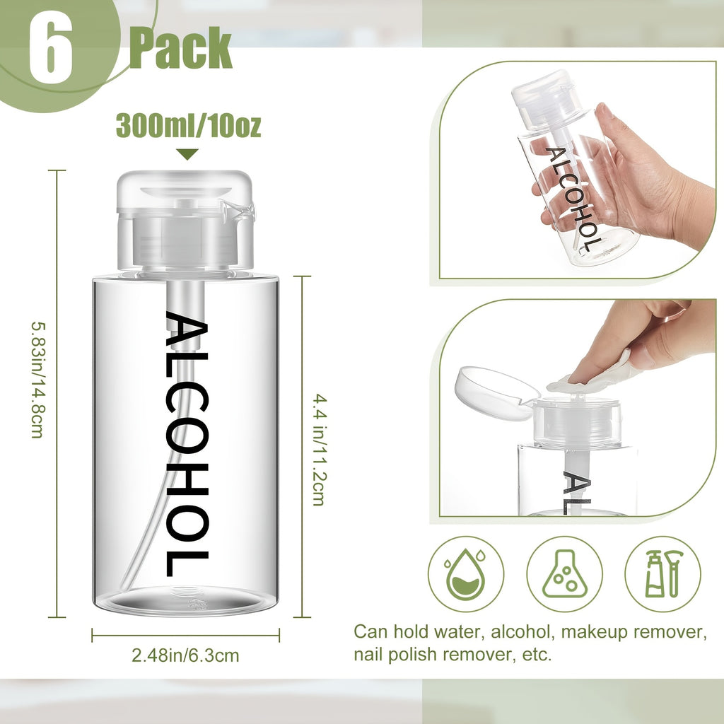 [Clear Alcohol Dispenser Bottle] 6pcs 10oz Clear Alcohol Pump Dispenser Bottle | Refillable Push Down Liquid Dispenser for Personal, Salon, Nail Care, Hospital Use - Empty Pumping Cosmetic Container