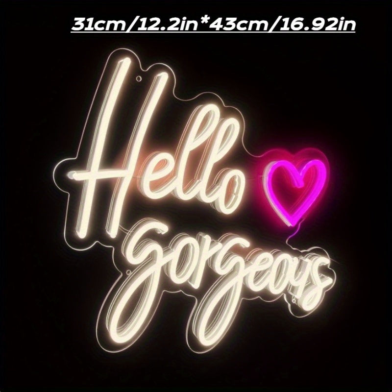 Hello Gorgeous Neon Sign with Pink Heart - USB-Powered Wall-Mounted Romantic Bedroom Decor, Multi-Color LED Light for Selfie Studio & Wedding Backdrop, Durable Plastic Wall Art with Switch Control, No Batteries Needed, Neon Signs for Wall Decor, Selfie S
