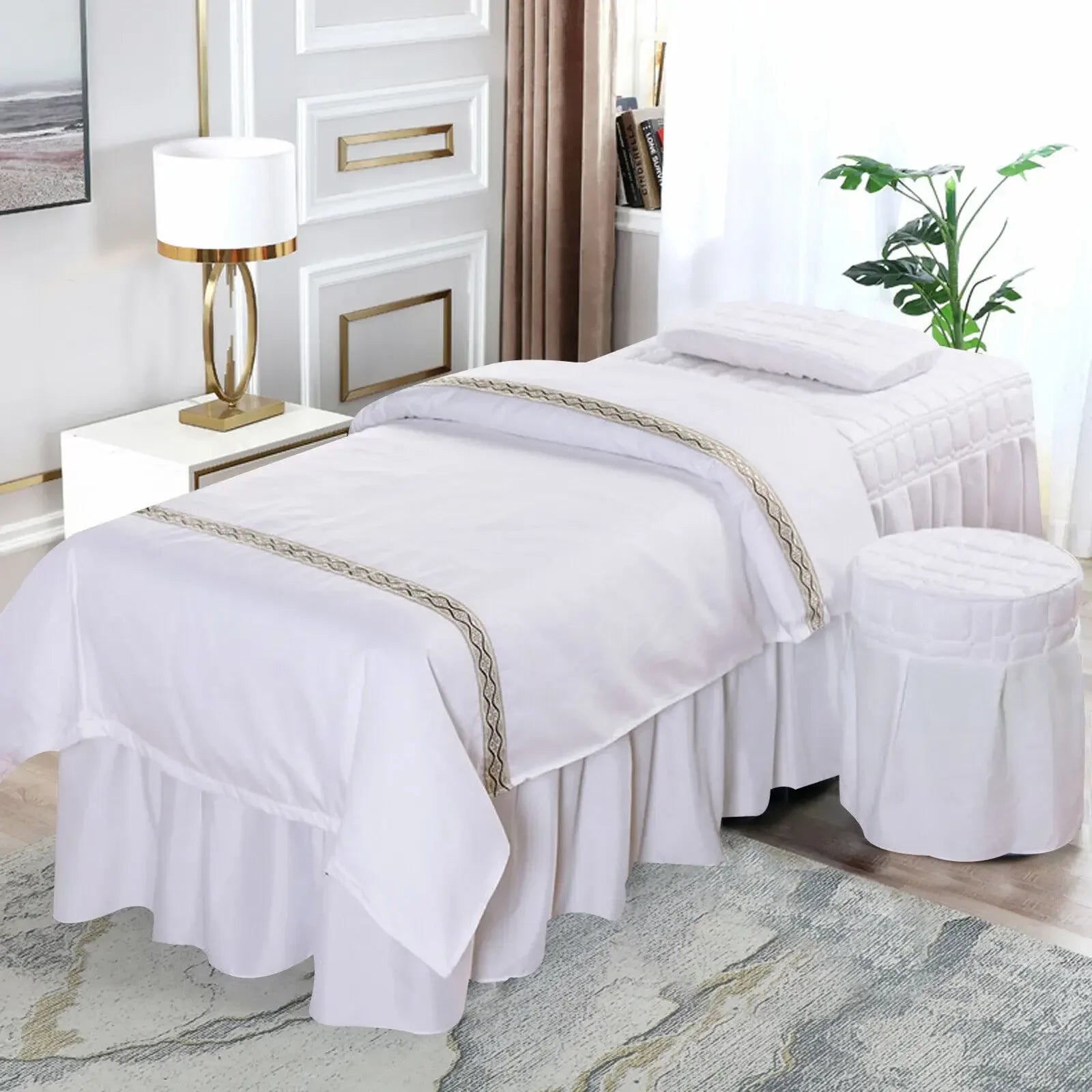 SPA Massage Table Full Cover Sheet Set White Soft Bedding Sheet Set Beauty Bedspread with Skirt for Salon & Spa Use