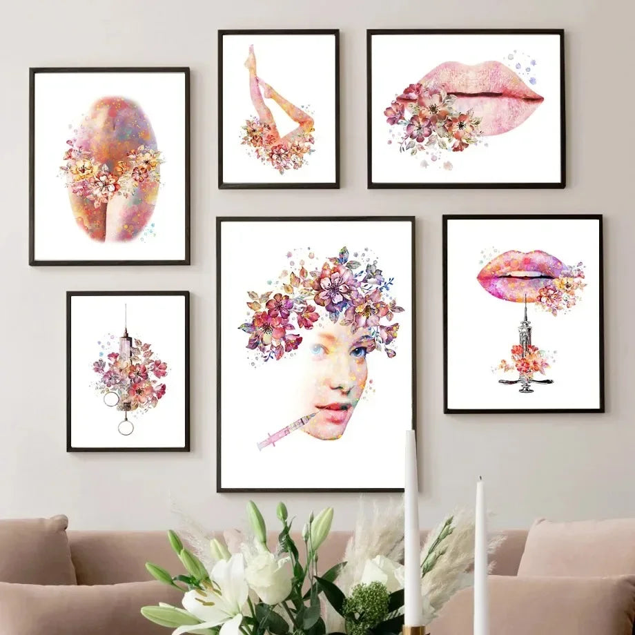 Nordic Watercolour Woman Flowers Lips Spa Beauty Salon Wall Art Print Poster