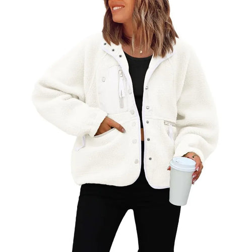 2026 New Fashion Button Lapel Jacket Women Autumn Casual Loose Solid Color Zipper Pocket Polar Fleece Jacket Sports