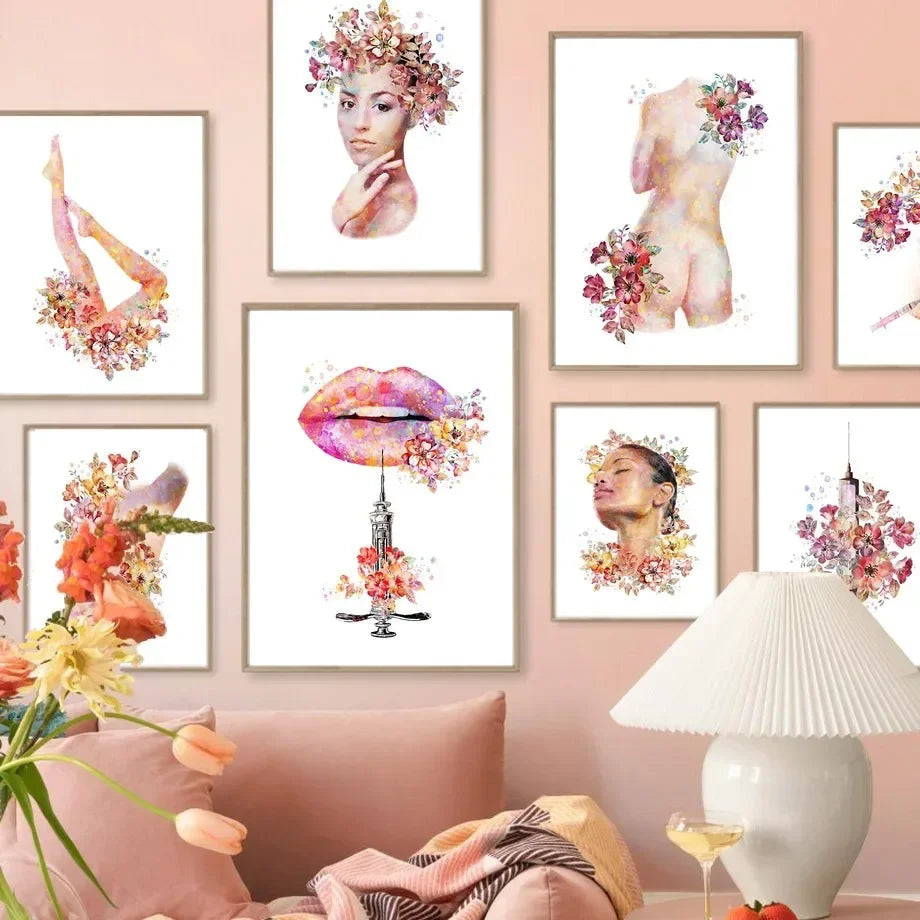 Nordic Watercolour Woman Flowers Lips Spa Beauty Salon Wall Art Print Poster