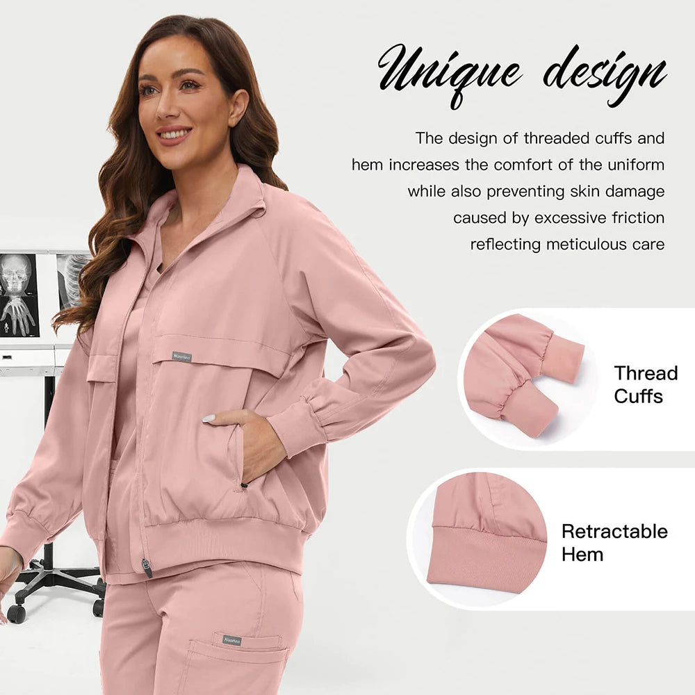 Collared Thick Pocket Long Sleeved Scrub Jacket