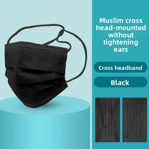 50pcs Head Loop Disposable Face Mask Black 3 Ply Adult Muslim Hijab Mask Anti Dust Cross Headband Protective Face Cover