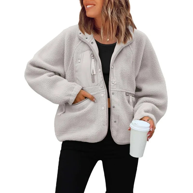 2026 New Fashion Button Lapel Jacket Women Autumn Casual Loose Solid Color Zipper Pocket Polar Fleece Jacket Sports