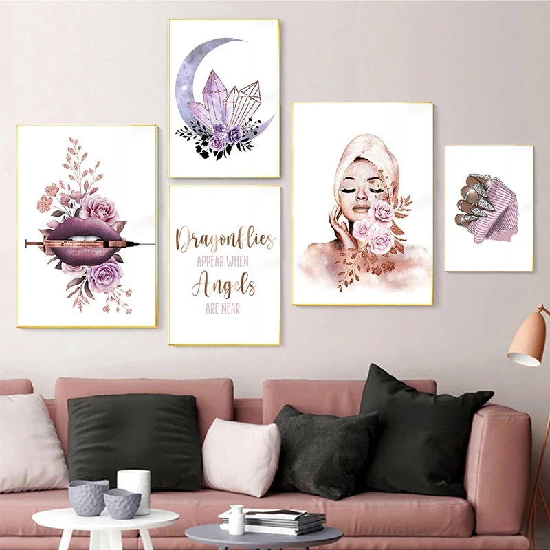 Aesthetic Nail Tech Salon Spa Lips Eyelash Woman Flower Minimalist Wall Art Print Canvas Painting Posters for Modern Home Decor