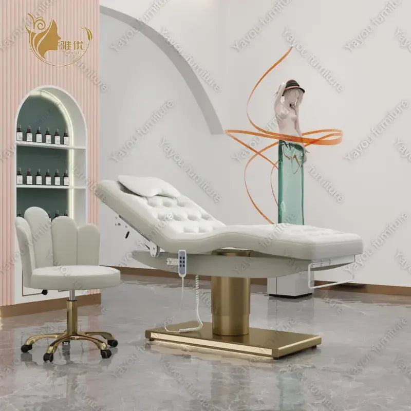 Golden Goddess Electric Beauty Bed with Gold Cylinder Base LED Lighting