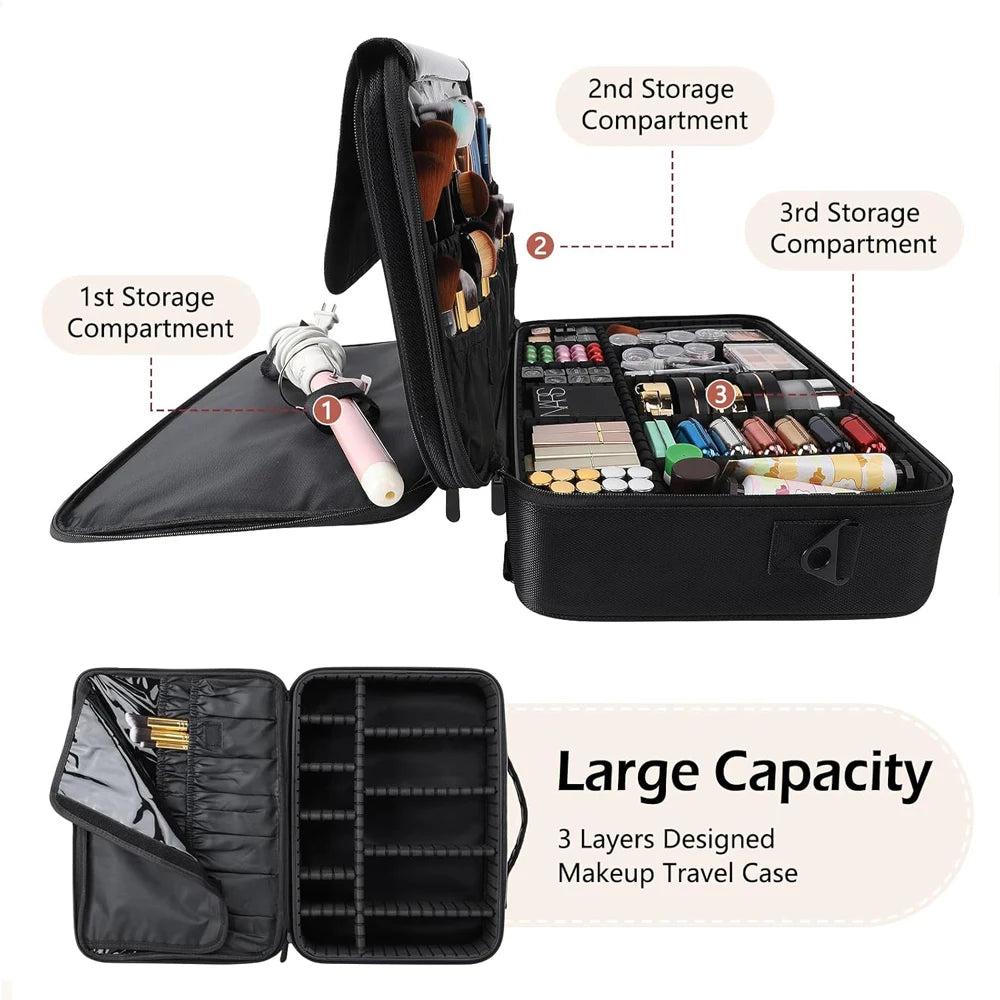 Large Capacity Makeup Case - 3 Sizes Cosmetic Organizer Brush Bag Barber Train Case for Makeup Artists Hair Cutter Sets