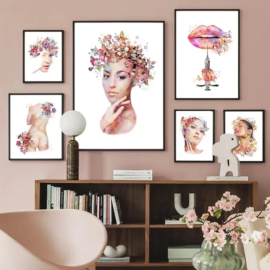 Nordic Watercolour Woman Flowers Lips Spa Beauty Salon Wall Art Print Poster