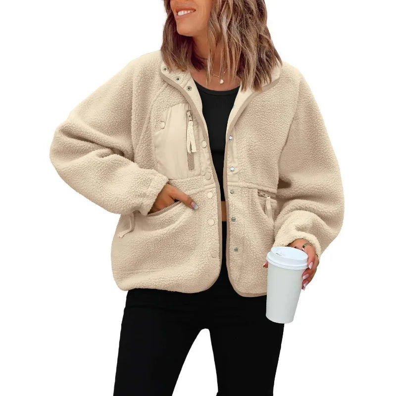 2026 New Fashion Button Lapel Jacket Women Autumn Casual Loose Solid Color Zipper Pocket Polar Fleece Jacket Sports