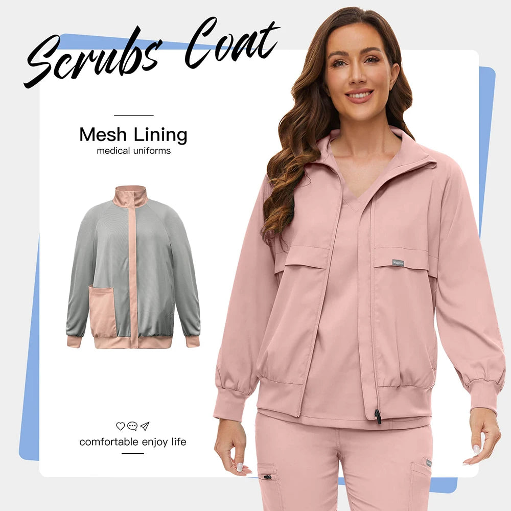 Collared Thick Pocket Long Sleeved Scrub Jacket