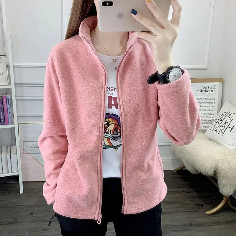 Thickened Fleece Jacket Outdoor Windbreaker Women's Pullover Sweatshirt Spring Autumn Winter Double-sided Polyester Regular Fit