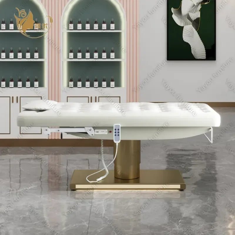 Golden Goddess Electric Beauty Bed with Gold Cylinder Base LED Lighting
