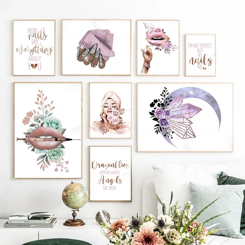 Aesthetic Nail Tech Salon Spa Lips Eyelash Woman Flower Minimalist Wall Art Print Canvas Painting Posters for Modern Home Decor