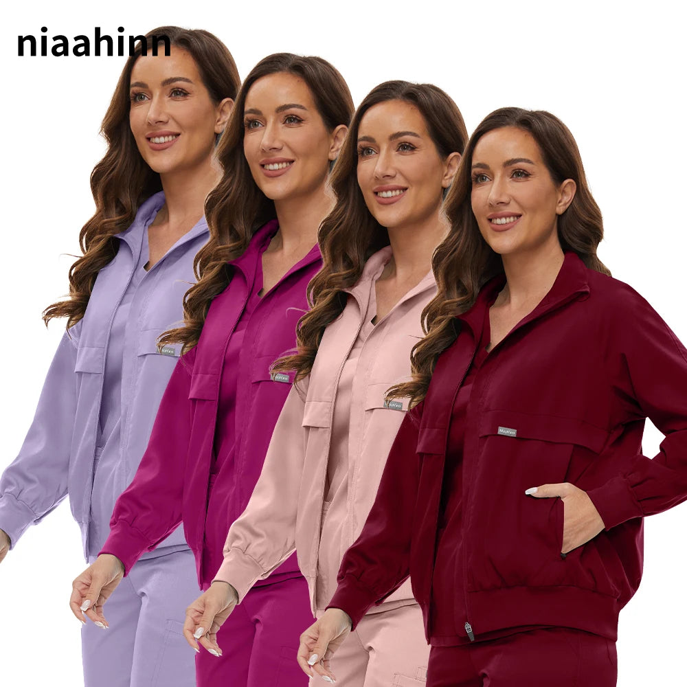Collared Thick Pocket Long Sleeved Scrub Jacket
