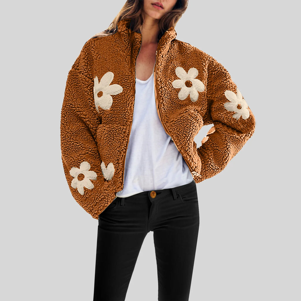 Womens Floral Fleece Jackets Winter Zipper Cropped Coat Casual Long Sleeve Outwear With Pockets Cute Plush Jacket For Women