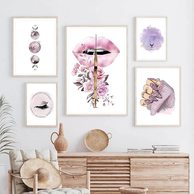 Aesthetic Nail Tech Salon Spa Lips Eyelash Woman Flower Minimalist Wall Art Print Canvas Painting Posters for Modern Home Decor