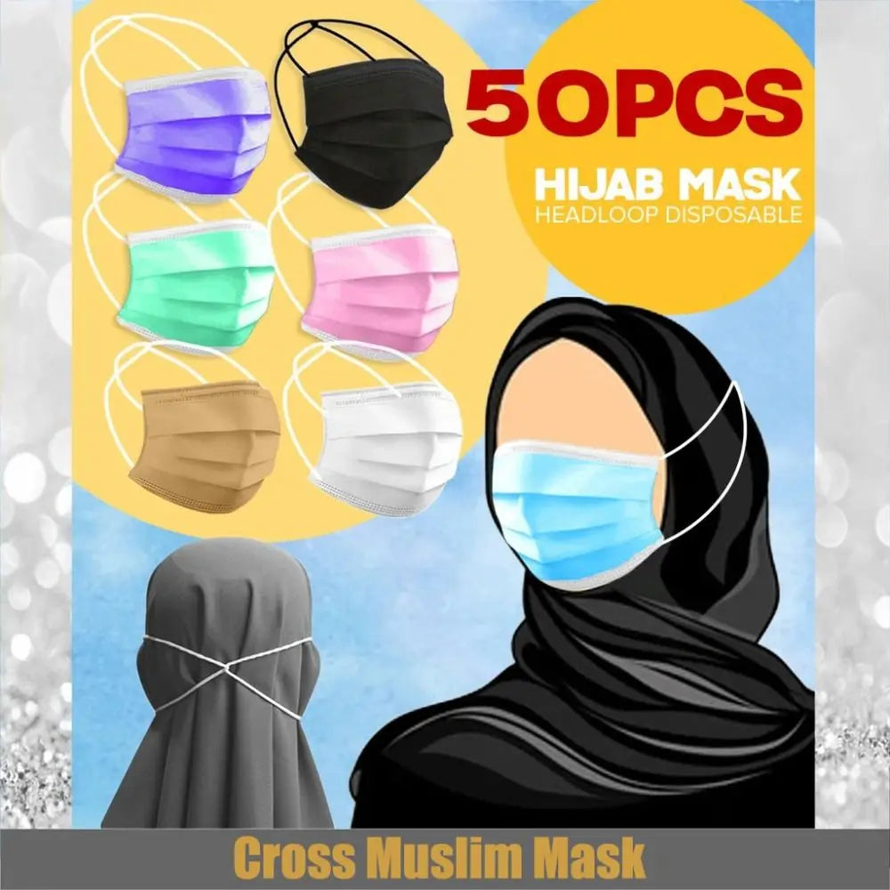 50pcs Head Loop Disposable Face Mask Black 3 Ply Adult Muslim Hijab Mask Anti Dust Cross Headband Protective Face Cover