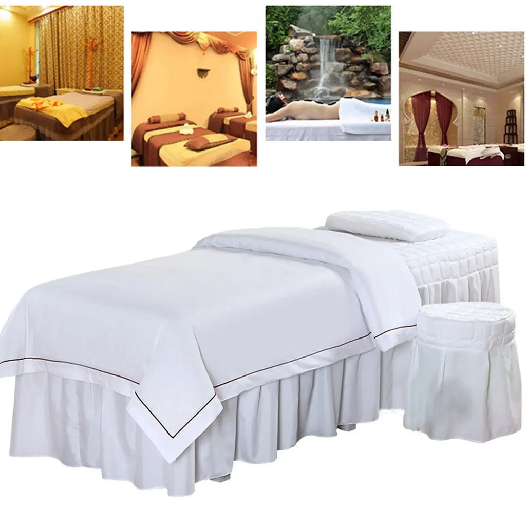 SPA Massage Table Full Cover Sheet Set White Soft Bedding Sheet Set Beauty Bedspread with Skirt for Salon & Spa Use