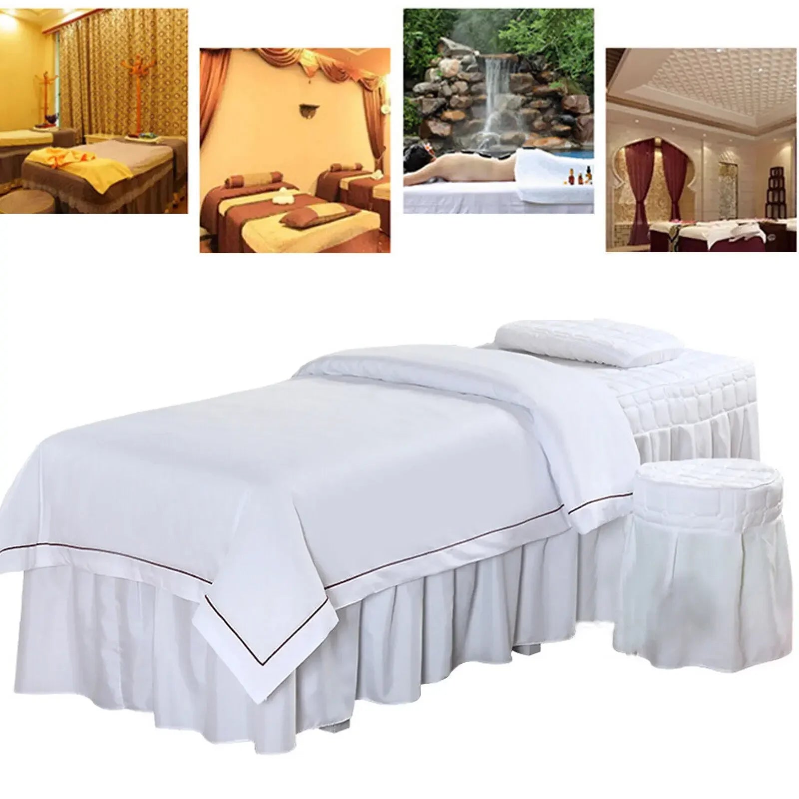 SPA Massage Table Full Cover Sheet Set White Soft Bedding Sheet Set Beauty Bedspread with Skirt for Salon & Spa Use