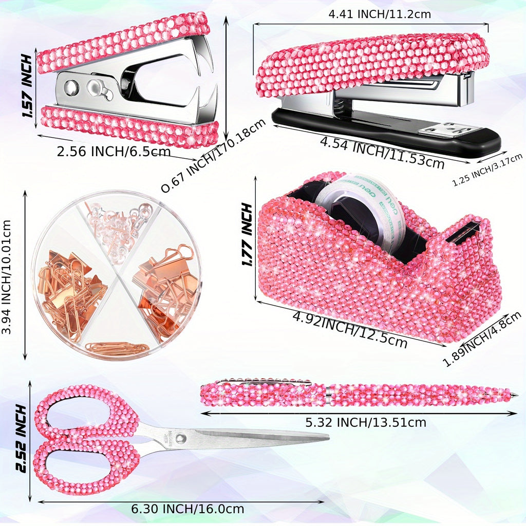 6pcs Bling Office Desk Accessories Set Crystal Stationery Kit Scissor Stapler with Staple, Tape Dispenser, Diamond Pen, Staple Remover, Binder Clip, Paper Clip, Push Pins (Pink)
