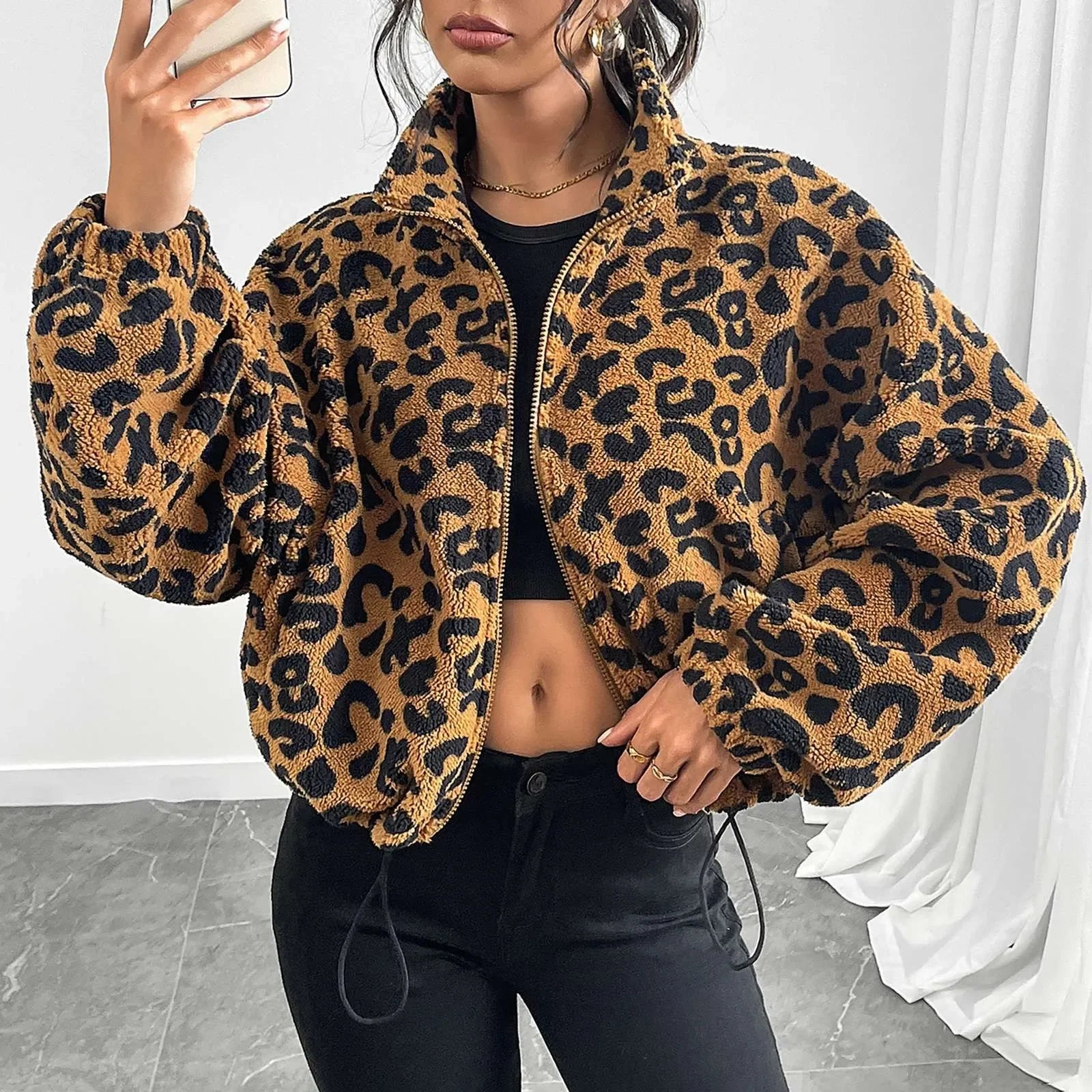 Leopard Zip-Up Long Sleeve Jacket Fleece jacket